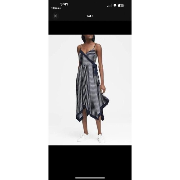 Banana Republic Strappy Handkerchief Hem Dress Midi Blue Stripe 6 - Picture 1 of 10